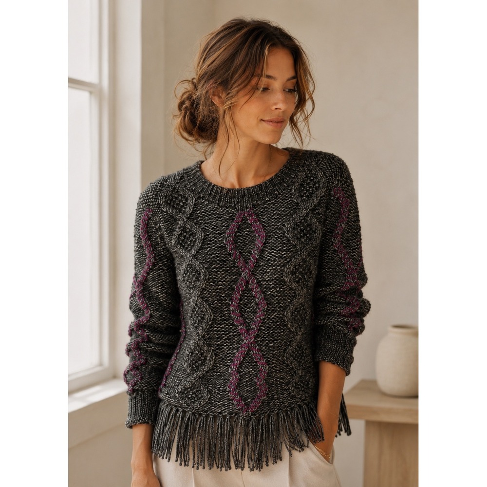 Indigenous Fringe Cable Knit Sweater Women M Alpaca Blend Magenta Grey Marled